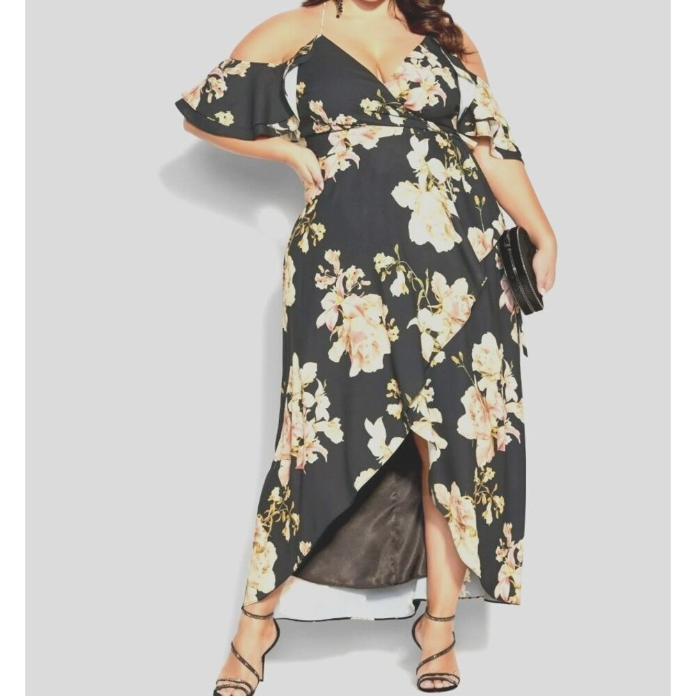 City Chic Black Floral Flourish Maxi Dress V-Neck Cold Shoulder Size 18 US